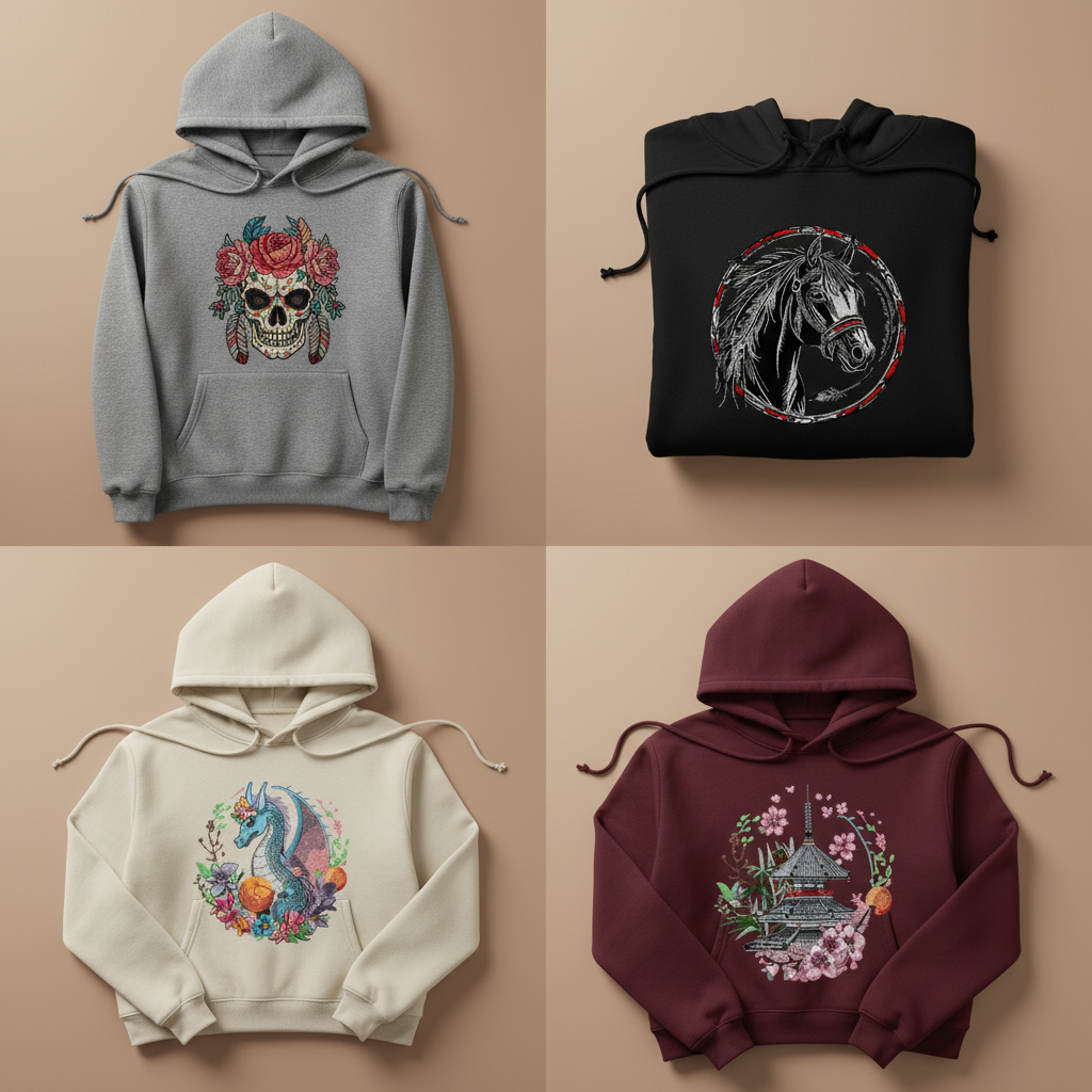 EmbroMania hoodie collection grid showing multiple designs