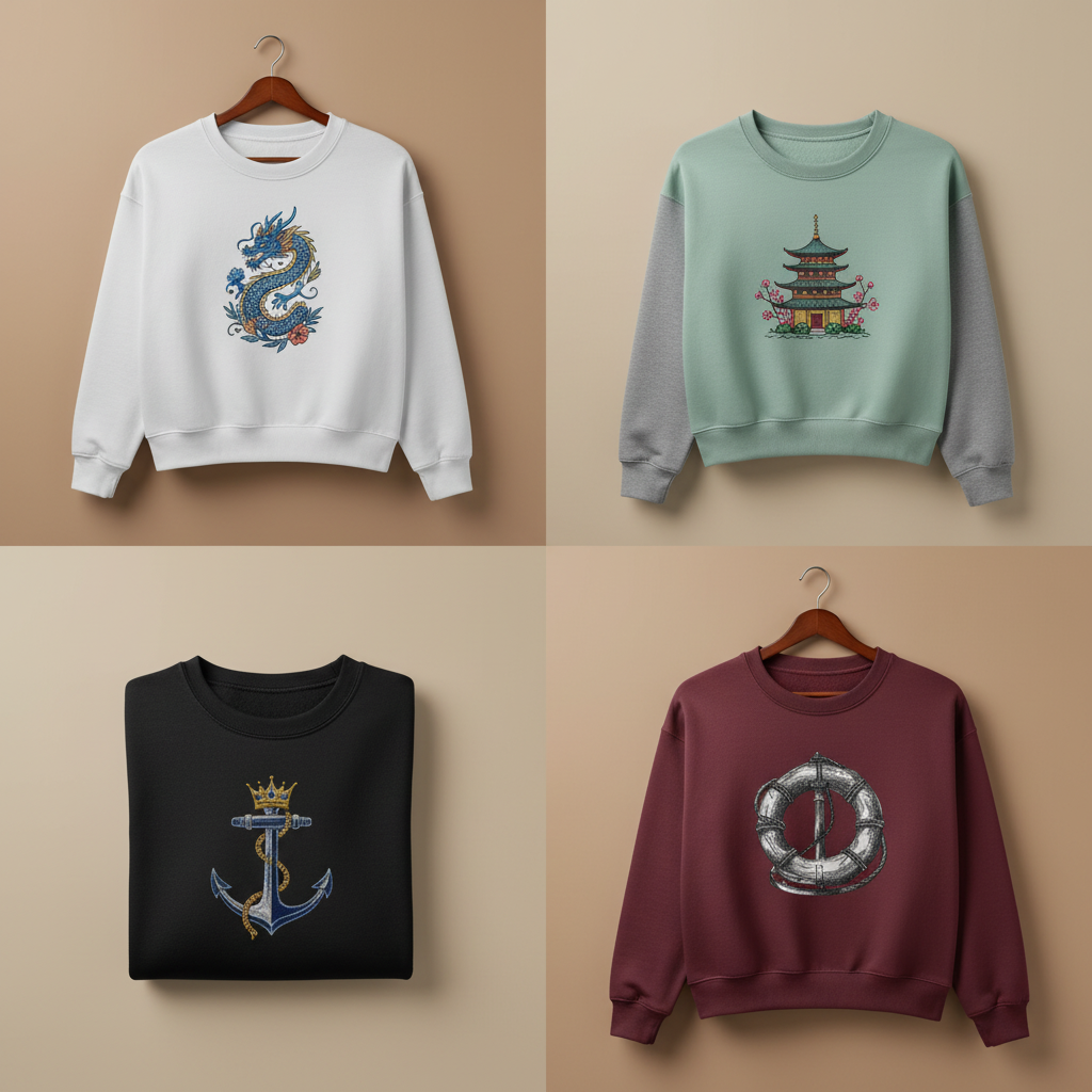 Cozy fleece‑lined green sweatshirt with cream and red wildflower circle design, photographed on wooden background.