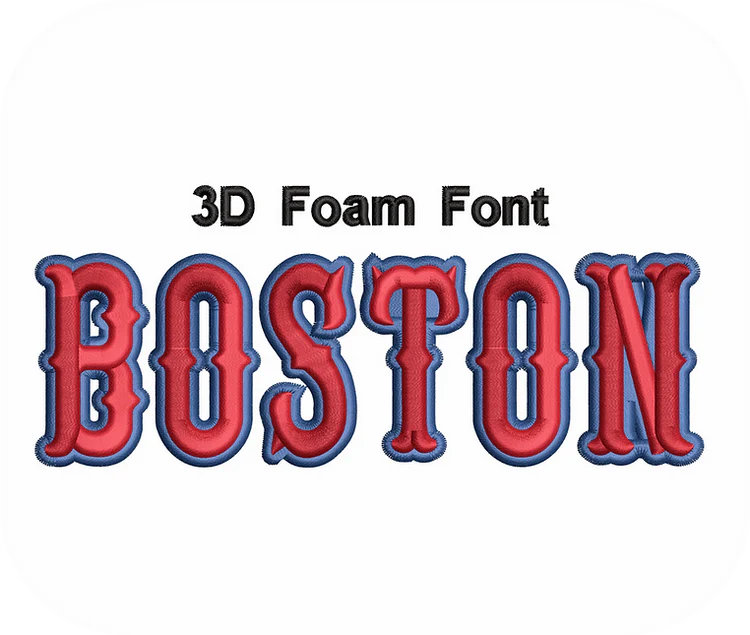 3D foam font spelling 'BOSTON' in red and blue on a white background