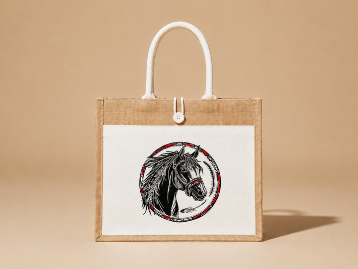 Tote bag with a horse design on a beige background