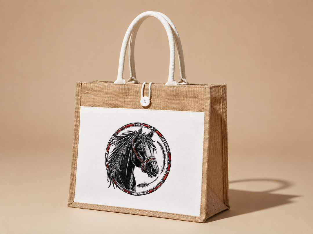 Beige tote bag with a horse design on a beige background