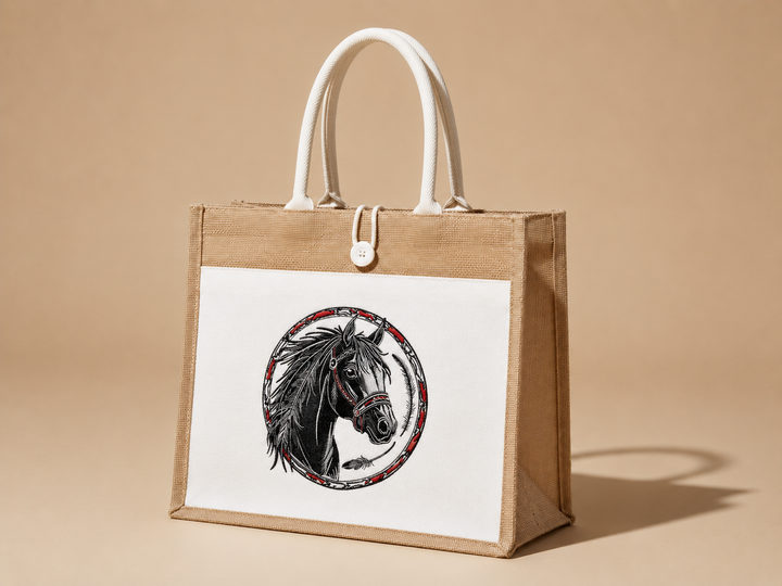 Beige tote bag with a horse design on a beige background