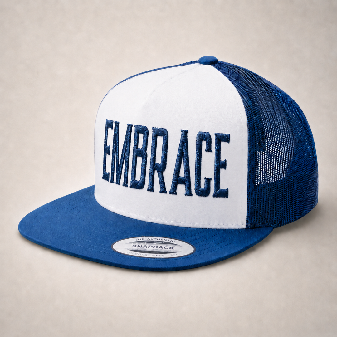 Blue and white trucker hat with &
