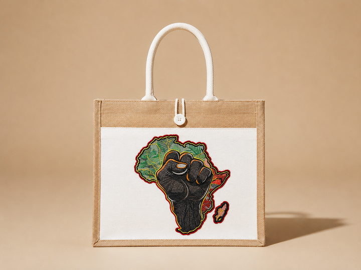 Tote bag with a design of a raised fist over a map of Africa on a beige background