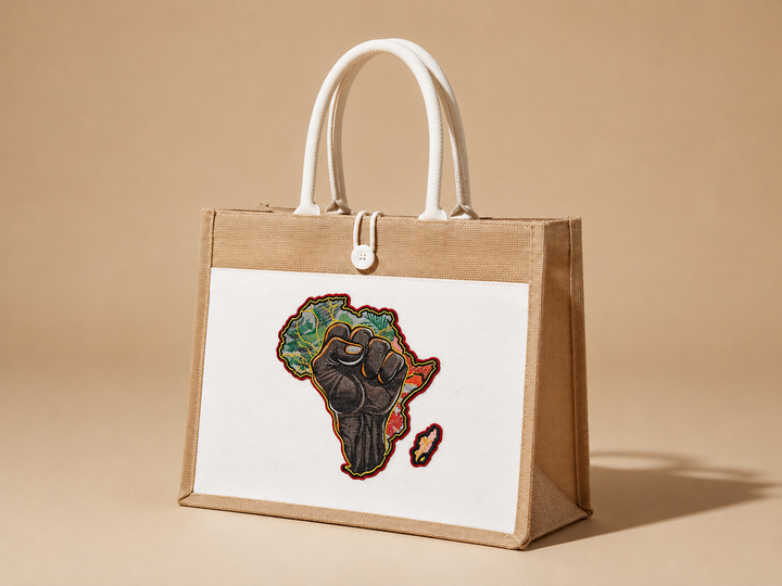 Brown tote bag with a map of Africa and a hand design on a beige background
