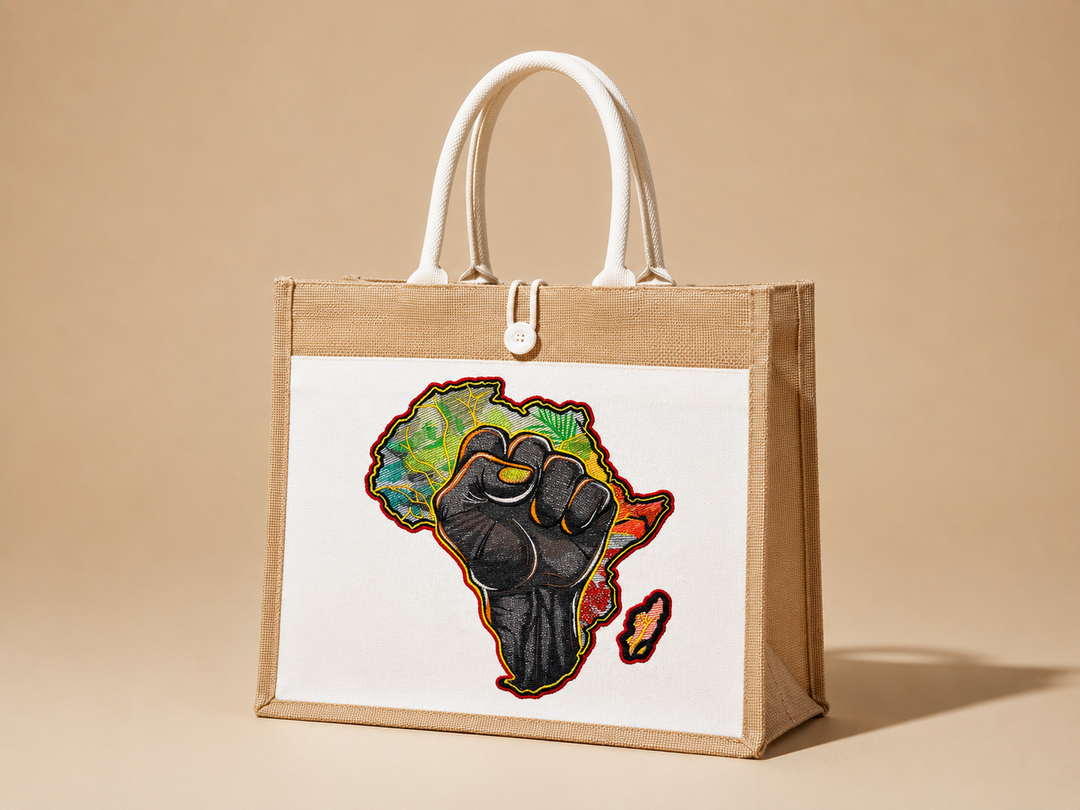 Jute bag with a design of a black fist on a map of Africa against a beige background