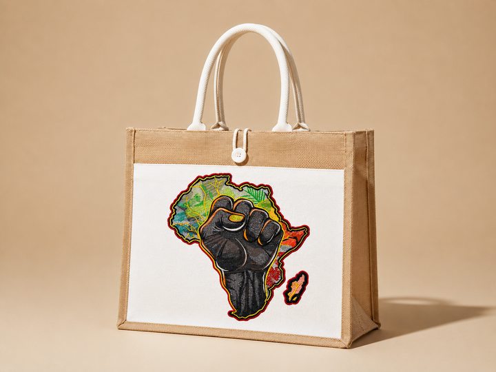 Jute bag with a design of a black fist on a map of Africa against a beige background