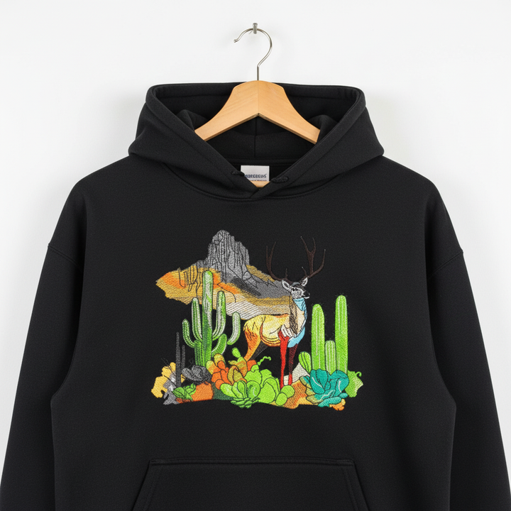 Alpine Desert Fusion — Premium Embroidered Hoodie | Original EmbroMania Design