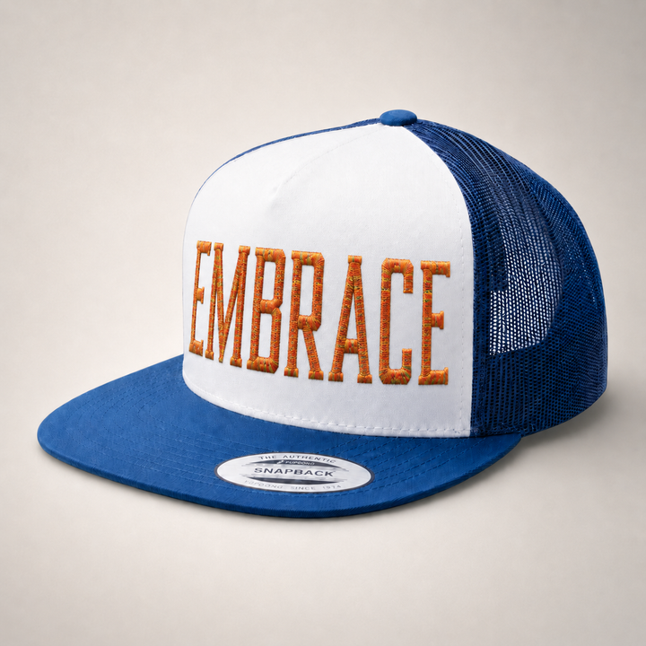Blue and white trucker cap with &