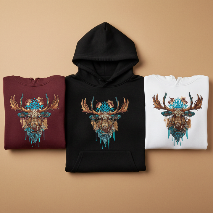 Artisan Tribal Moose — Premium Embroidered Hoodie | Original EmbroMania Design