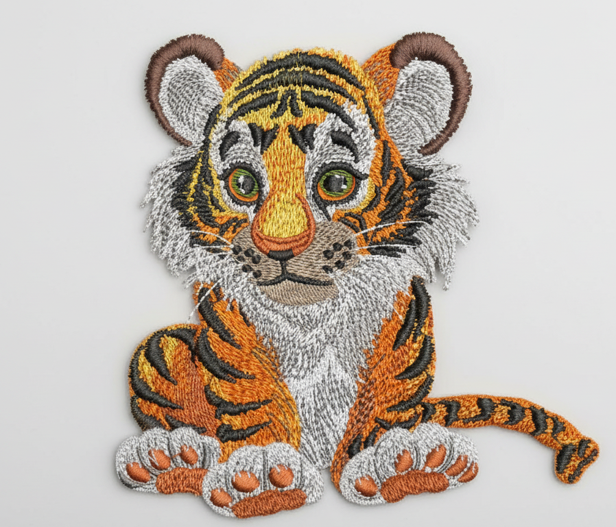 Embroidery design of a tiger cub on a grid background