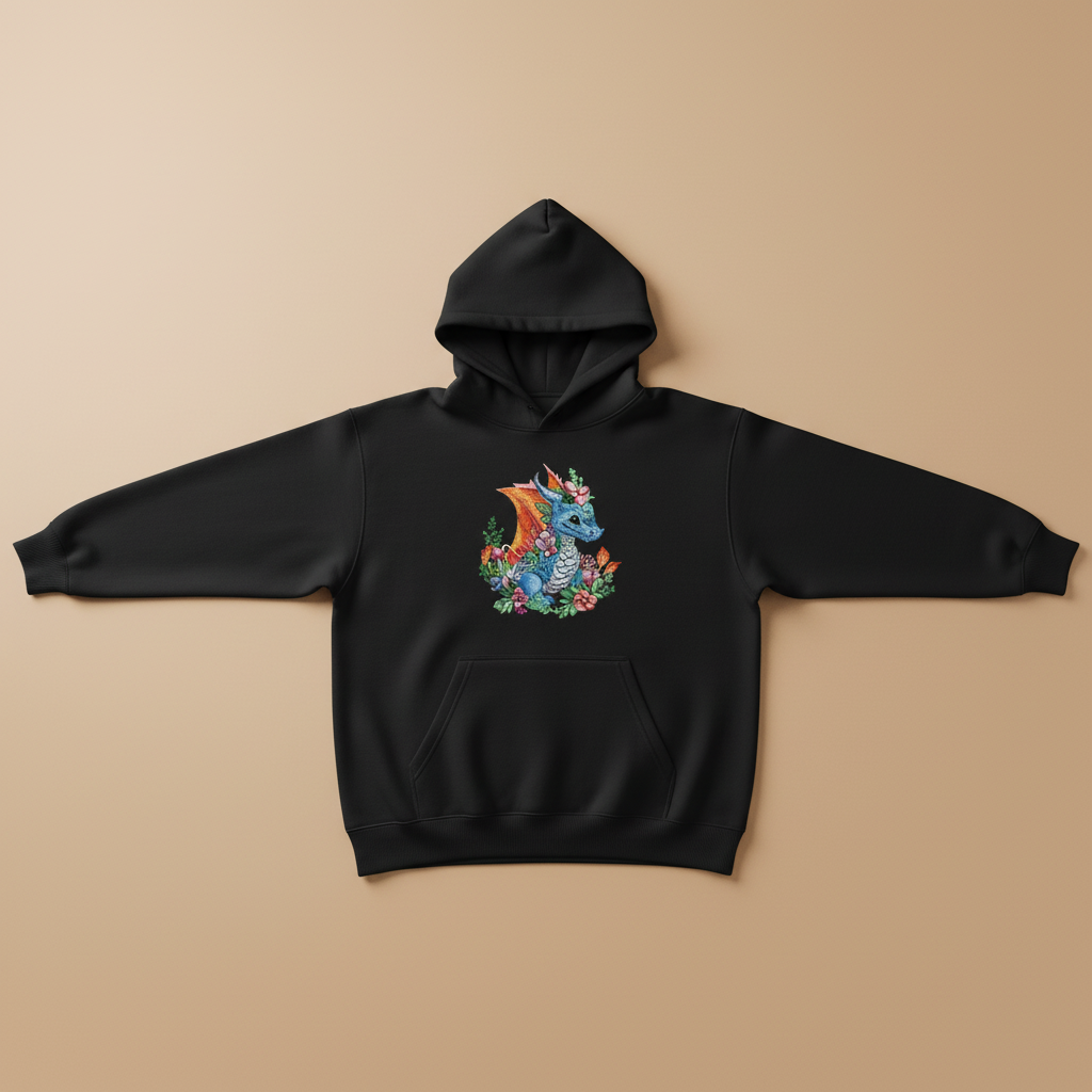 Baby Blue Dragon — Premium Embroidered Hoodie | Original EmbroMania Design