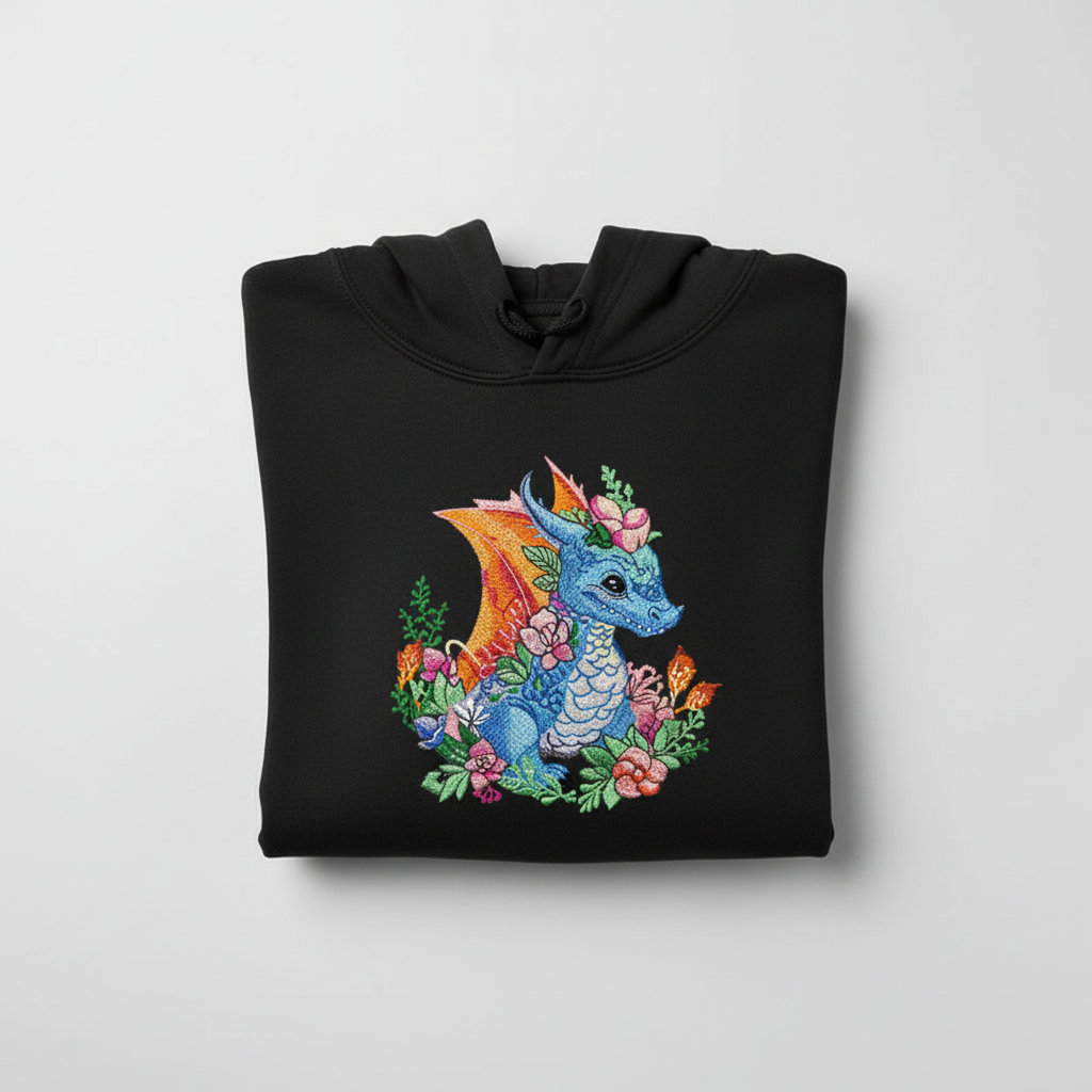 Baby Blue Dragon — Premium Embroidered Hoodie | Original EmbroMania Design