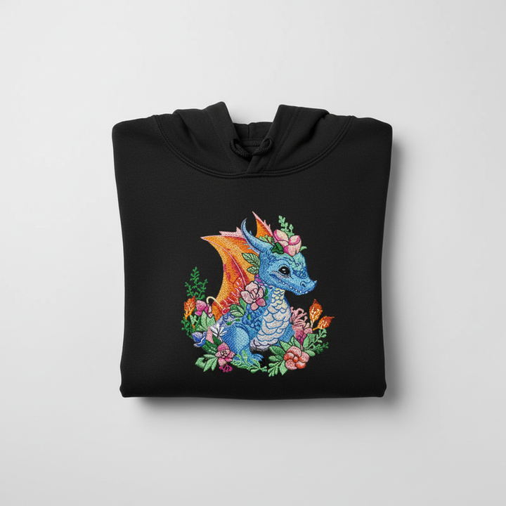 Baby Blue Dragon — Premium Embroidered Hoodie | Original EmbroMania Design