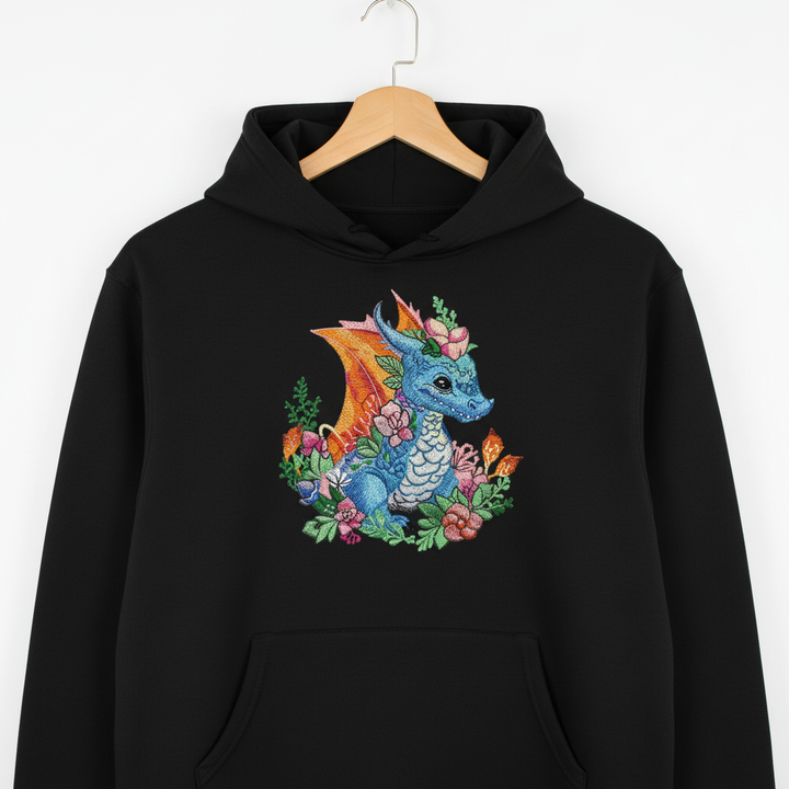 Baby Blue Dragon — Premium Embroidered Hoodie | Original EmbroMania Design