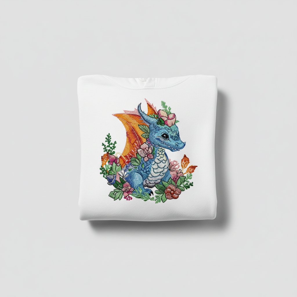 Baby Blue Dragon — Premium Embroidered Hoodie | Original EmbroMania Design