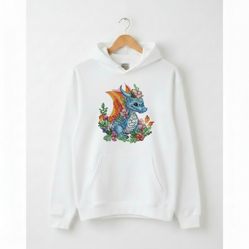Baby Blue Dragon — Premium Embroidered Hoodie | Original EmbroMania Design