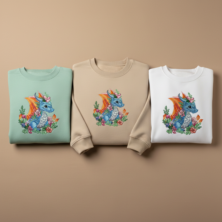 Enchanted Fantasy Floral Baby Dragon — Premium Embroidered Sweatshirt | Original EmbroMania Design