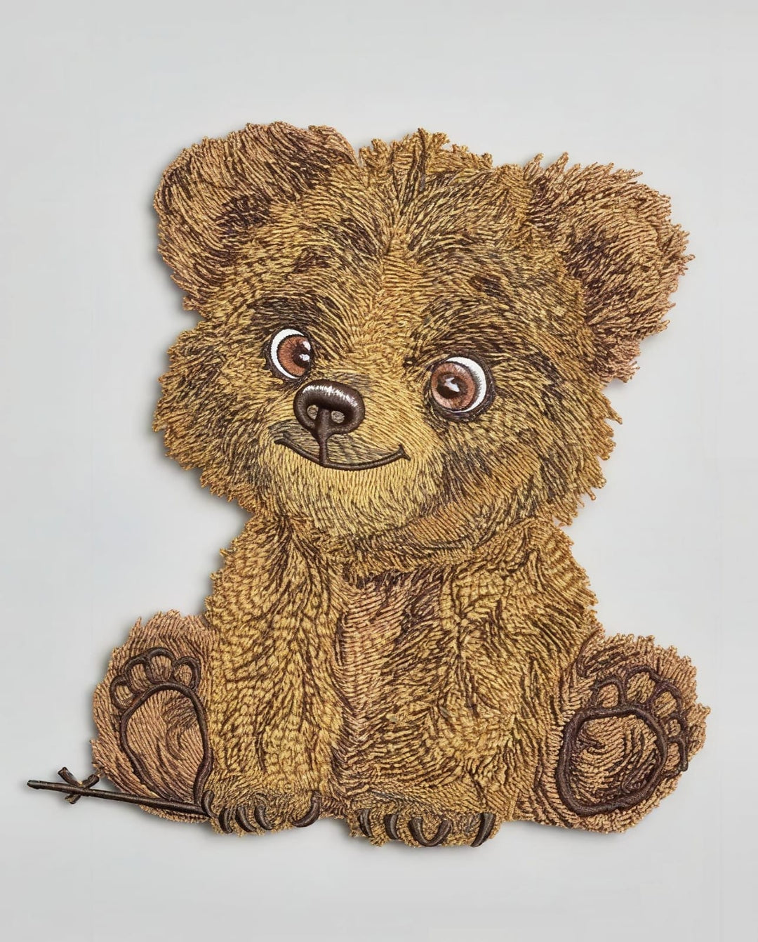 Embroidered patch of a brown bear on a light gray background