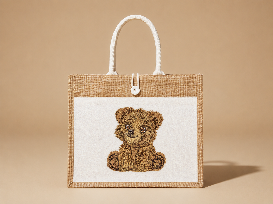 Tote bag with embroidered teddy bear design on a beige background
