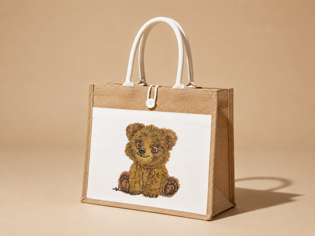 Brown tote bag with a teddy bear design on a beige background