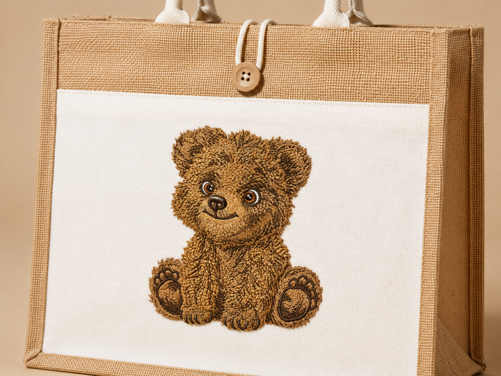 Tote bag with a embroidered teddy bear design on a beige background