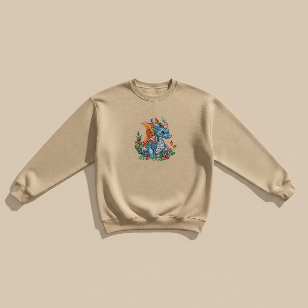 Enchanted Fantasy Floral Baby Dragon — Premium Embroidered Sweatshirt | Original EmbroMania Design