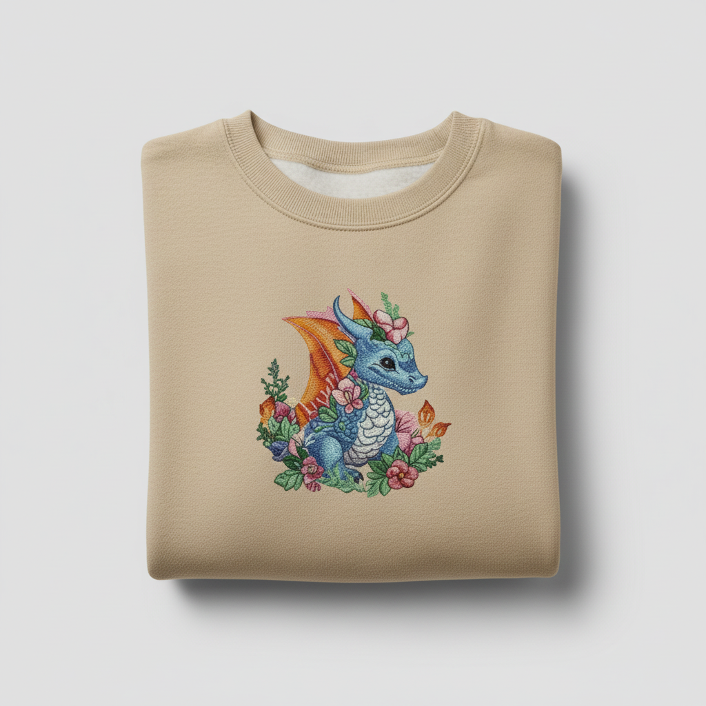 Enchanted Fantasy Floral Baby Dragon — Premium Embroidered Sweatshirt | Original EmbroMania Design