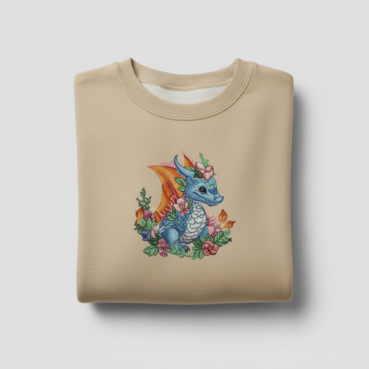 Enchanted Fantasy Floral Baby Dragon — Premium Embroidered Sweatshirt | Original EmbroMania Design