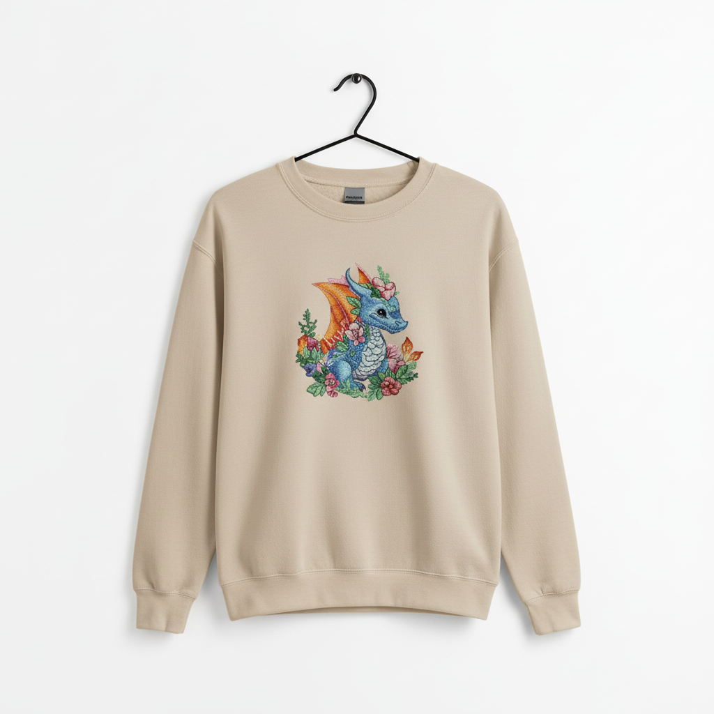 Enchanted Fantasy Floral Baby Dragon — Premium Embroidered Sweatshirt | Original EmbroMania Design