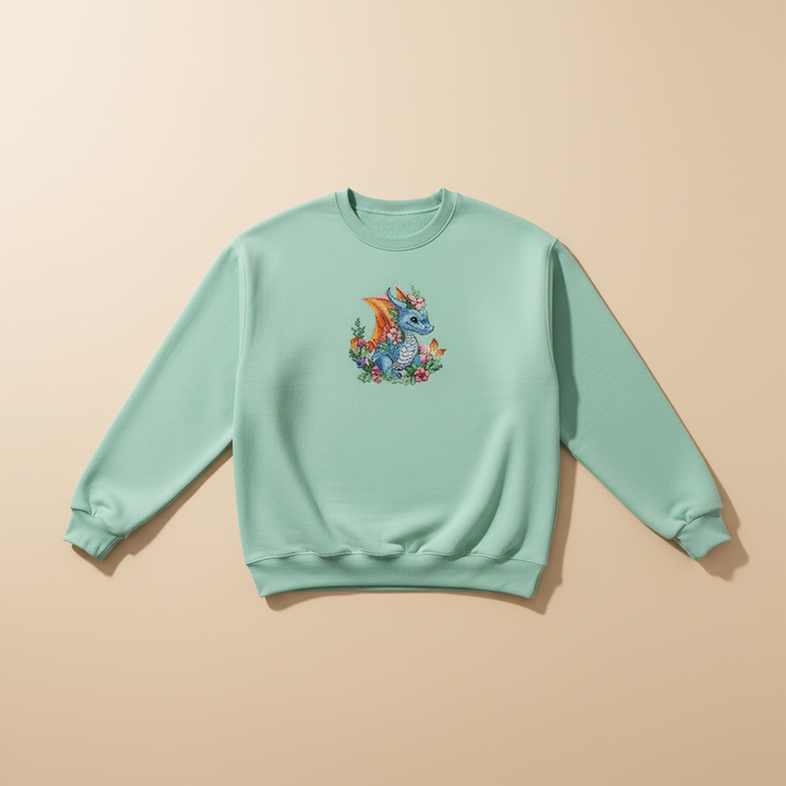 Enchanted Fantasy Floral Baby Dragon — Premium Embroidered Sweatshirt | Original EmbroMania Design