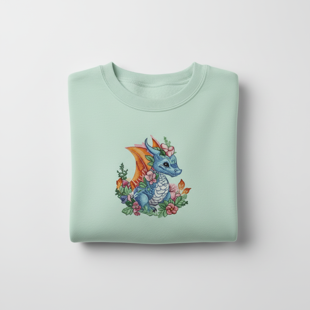 Enchanted Fantasy Floral Baby Dragon — Premium Embroidered Sweatshirt | Original EmbroMania Design