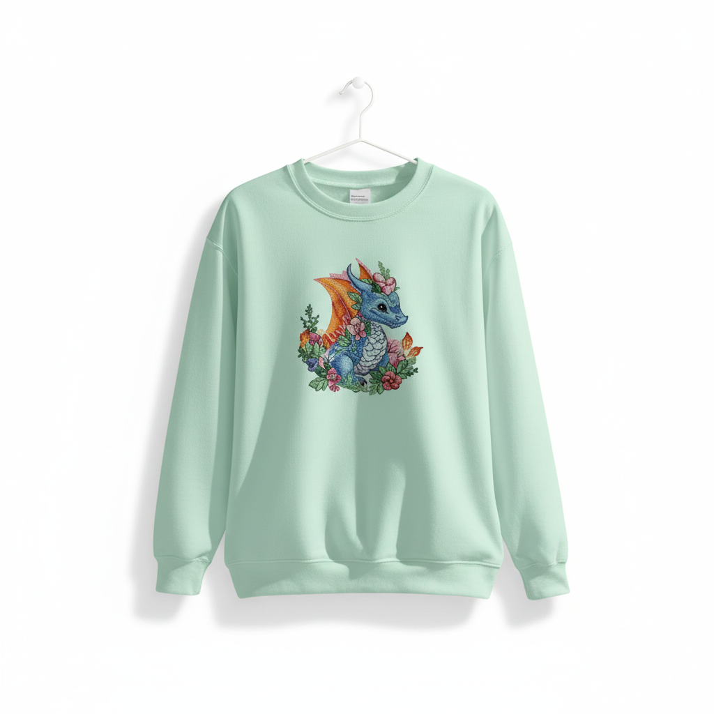 Enchanted Fantasy Floral Baby Dragon — Premium Embroidered Sweatshirt | Original EmbroMania Design