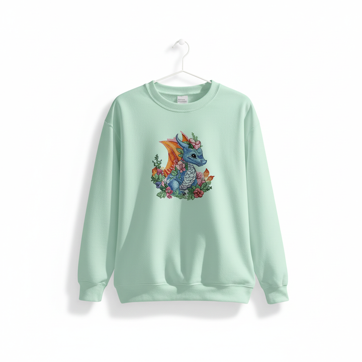 Enchanted Fantasy Floral Baby Dragon — Premium Embroidered Sweatshirt | Original EmbroMania Design