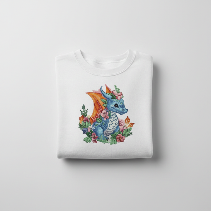 Enchanted Fantasy Floral Baby Dragon — Premium Embroidered Sweatshirt | Original EmbroMania Design
