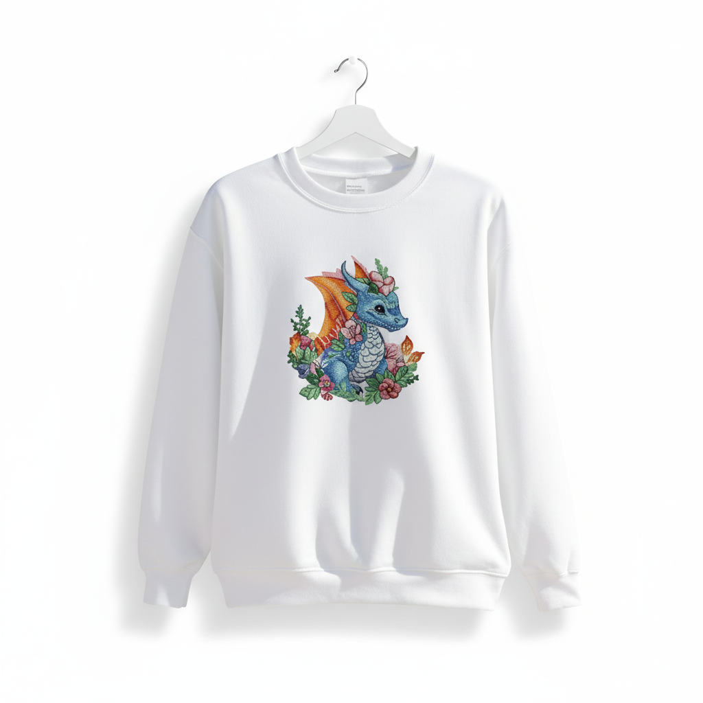 Enchanted Fantasy Floral Baby Dragon — Premium Embroidered Sweatshirt | Original EmbroMania Design