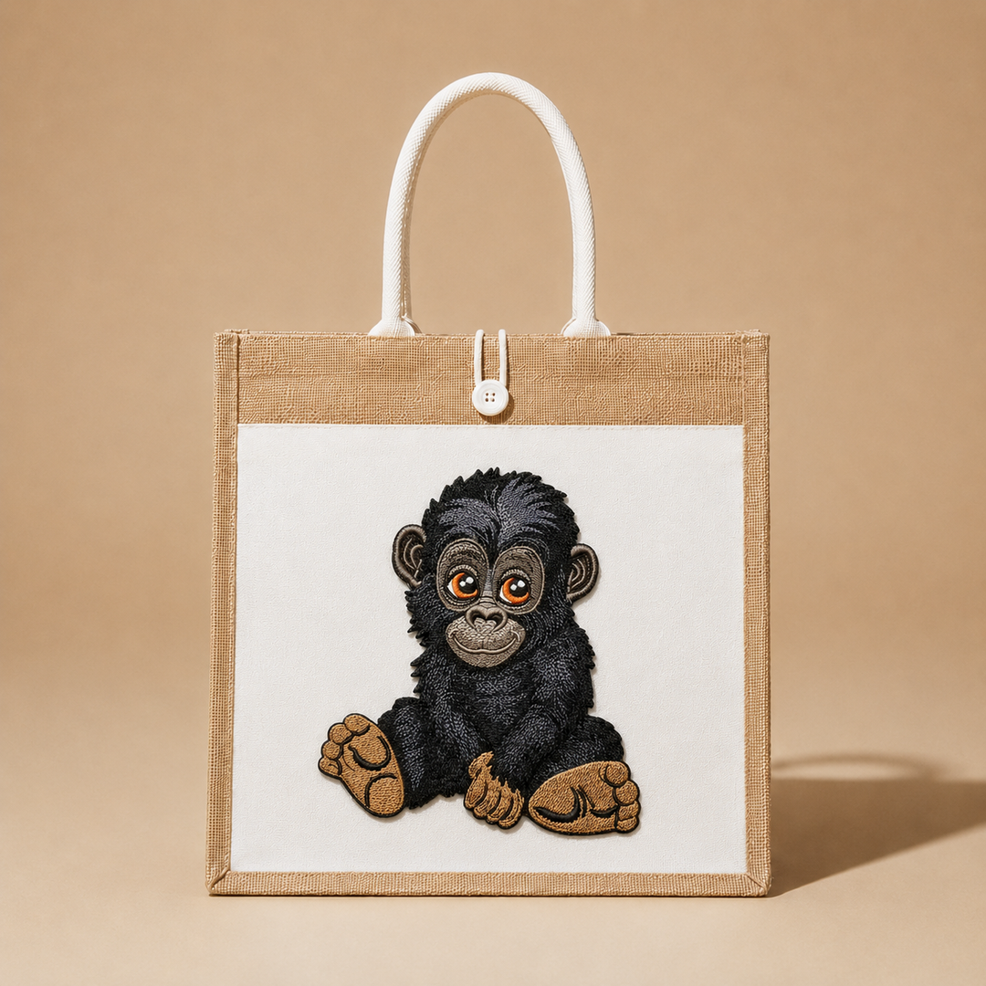 Tote bag with embroidered baby gorilla design on a beige background