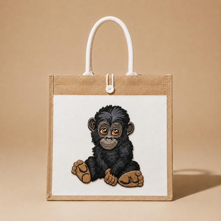 Tote bag with embroidered baby gorilla design on a beige background