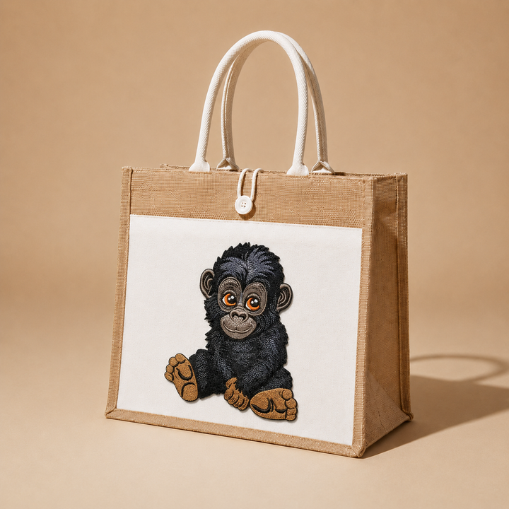 Jute bag with a cute monkey illustration on a beige background