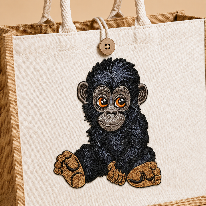 Tote bag with a embroidered monkey design on a beige background