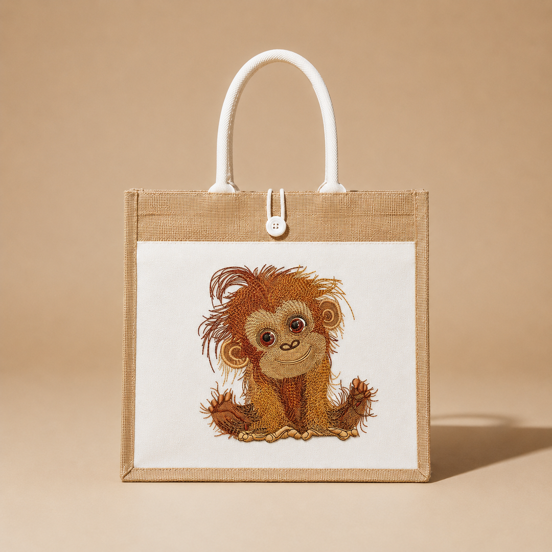 Tote bag with embroidered monkey design on a beige background