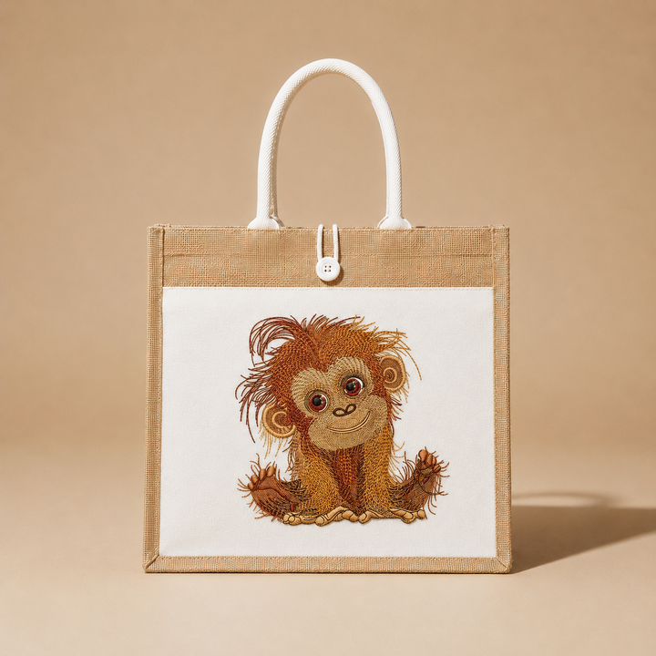 Tote bag with embroidered monkey design on a beige background
