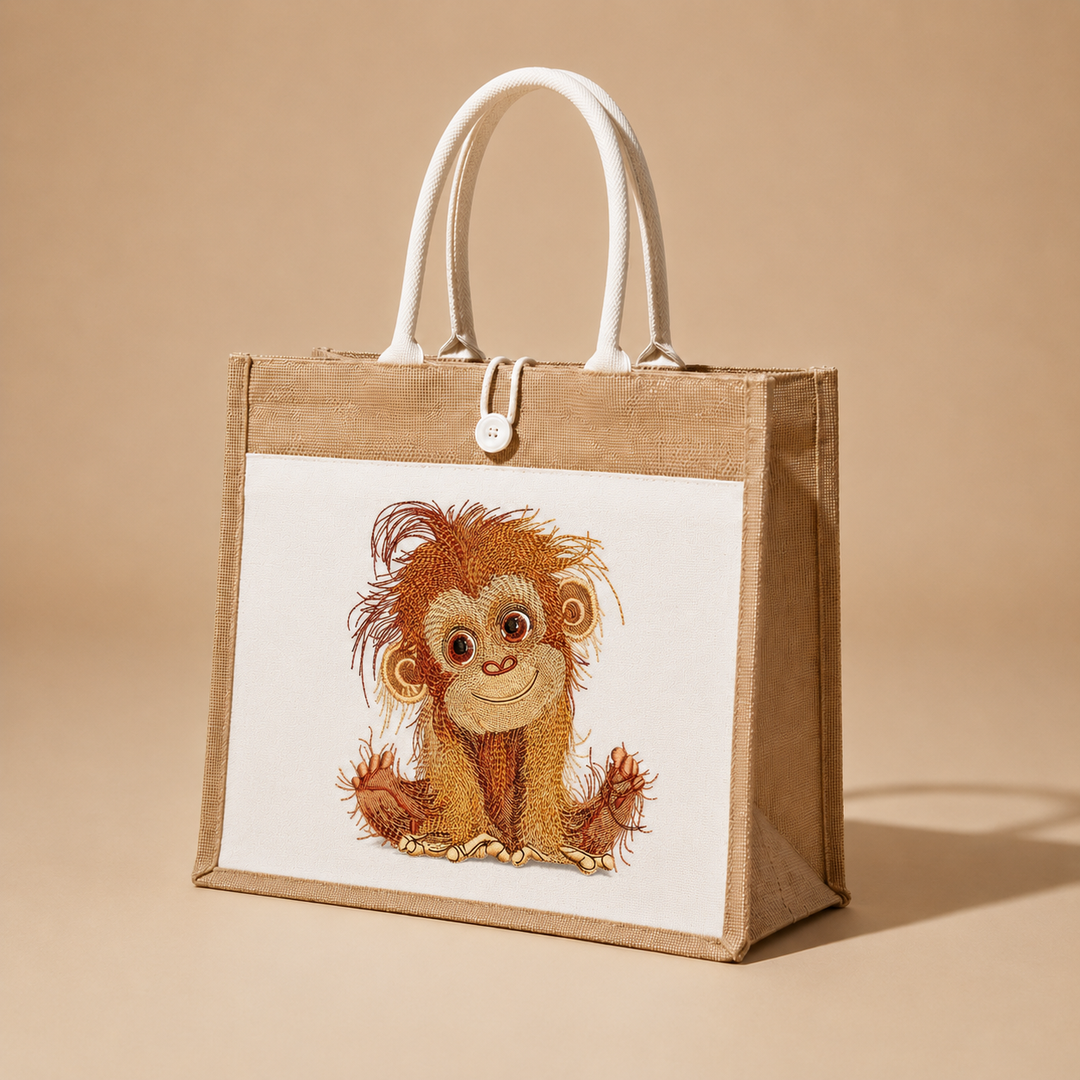 Jute bag with a monkey design on a beige background