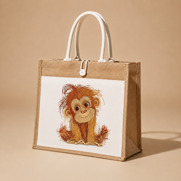Jute bag with a monkey design on a beige background