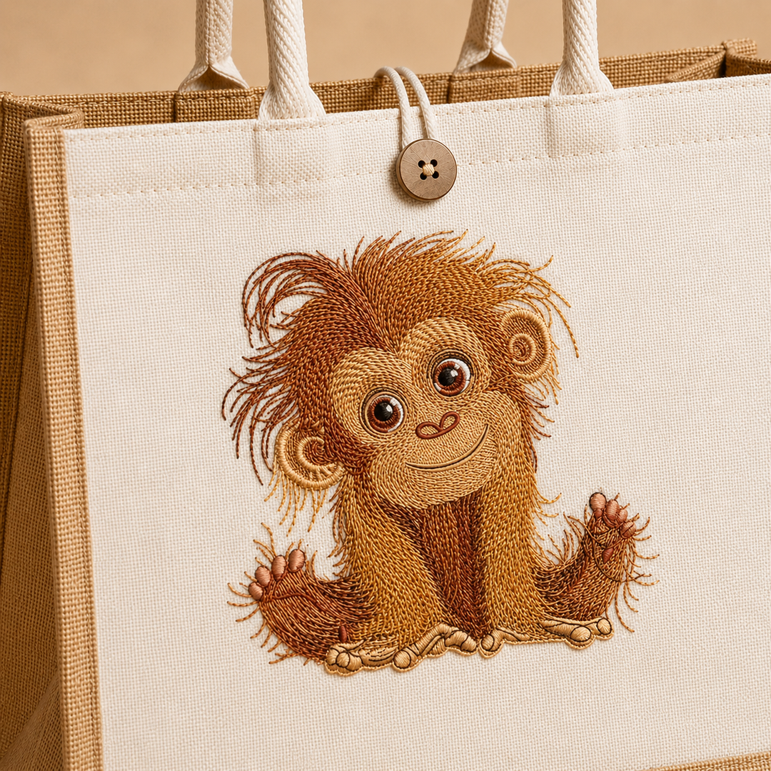 Tote bag with embroidered monkey design on a beige background