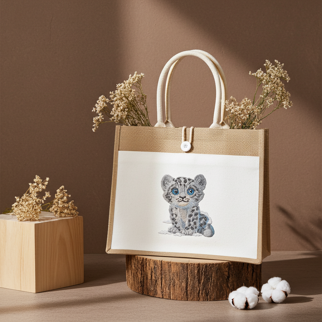 Natural jute tote handbag with a baby snow leopard embroidery, displayed on a wooden stump with dried flowers and cotton bolls in a warm studio setting.