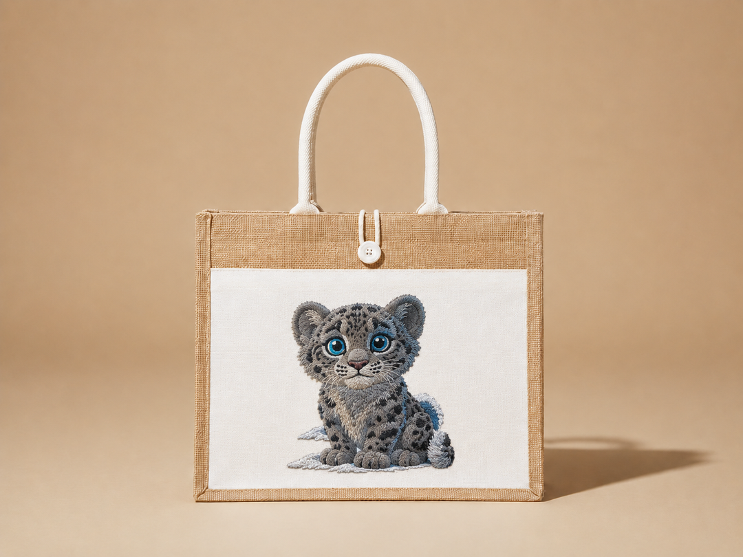 Tote bag with a cute leopard cub design on a beige background