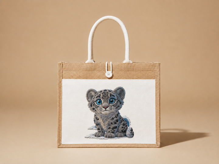 Tote bag with a cute leopard cub design on a beige background