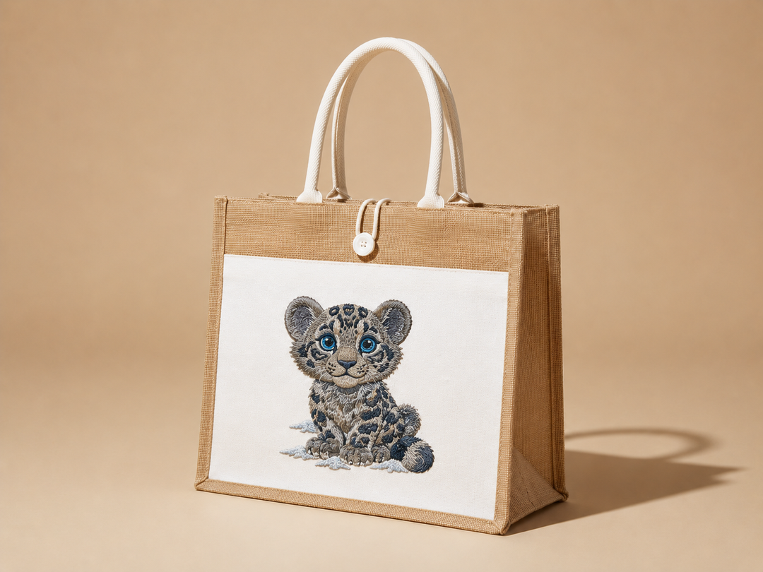 Beige tote bag with a leopard cub design on a beige background