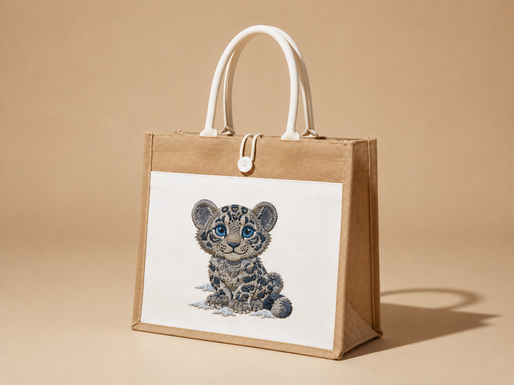 Beige tote bag with a leopard cub design on a beige background